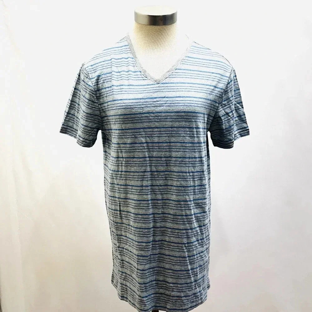 NWT MARC ANTHONY Men Short Sleeve V-Neck Cotton Striped Gray/Blue Shirt Sz Small